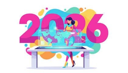 2026 global vision Woman using a futuristic interactive world map display for strategy and growth
