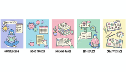 Selfcare habits and journaling for mental wellness reflection and creativity Vector illustration