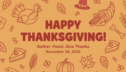 Happy Thanksgiving text surrounded by festive fall doodles turkey pie cornucopia and leaves