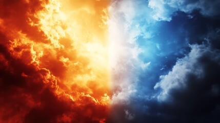 a captivating celestial tableau showcasing contrasting chromatic clouds symbolizing duality and celestial metamorphosis creating a mesmerizing skyscape