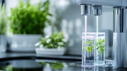 refreshing hydration: sparkling water flowing from a modern water purifier into glasses with fresh herbs, emphasizing purity and wellness
