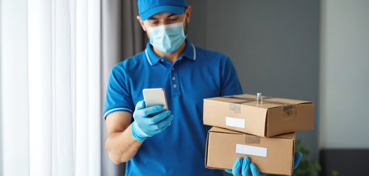 Man in blue uniform mask gloves holds delivery boxes, checks phone. Courier delivers medicine, vaccine packages with medical supply. Safe health care shipment. Covid 19.