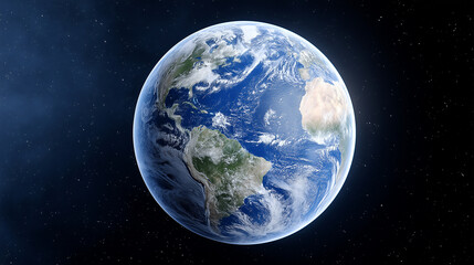 Stunning view of Earth from space, showcasing vibrant blue oceans, green landmasses, and swirling white clouds against a dark starry background, representing the beauty of our planet