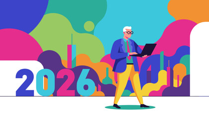 Businessman with laptop planning 2026 in a colorful modern abstract setting