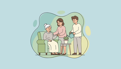 Loving family providing support and care for an elderly woman in a comfortable domestic setting