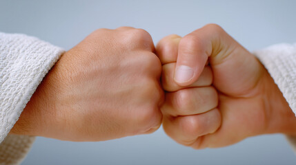 Two hands, one with a textured white sleeve, are engaged in a fist bump, symbolizing unity and friendship, against a soft gradient background with a calm atmosphere