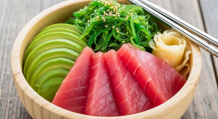 Ahi Tuna Poke Bowl with Avocado and Seaweed Salad.