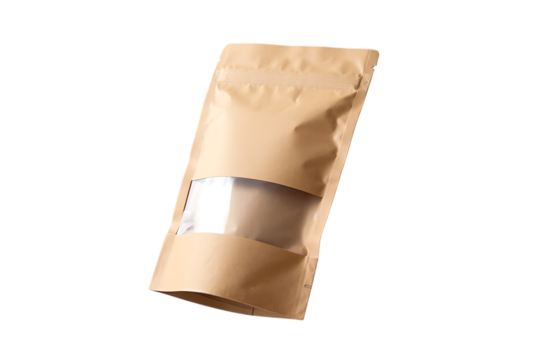 Brown kraft paper pouch bag with window isolated on transparent background - Powered by Adobe