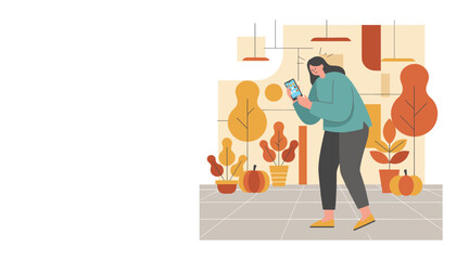 Concerned woman looks at her phone receiving a notification surrounded by autumn plants