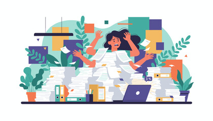 Stressed businesswoman buried in a mountain of documents symbolizing bureaucracy burnout and overload