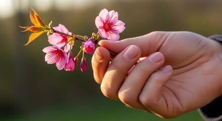 Delicate cherry blossom branch held gracefully in gentle hand light