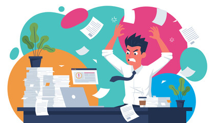 Overwhelmed businessman stressed by paperwork chaos deadline pressure and office burnout concept