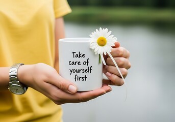 Hands holding a mug with a self care message and a daisy