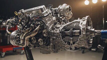 Motorcycle engine parts on display, showcasing intricate details and mechanical beauty, highlighting complex network of pipes, evoking innovation, precision engineering, and high performance.