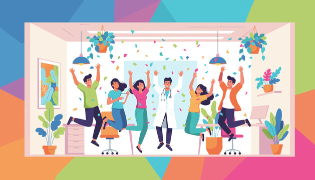 Happy diverse professional team celebrates success jumping amidst confetti in a modern office