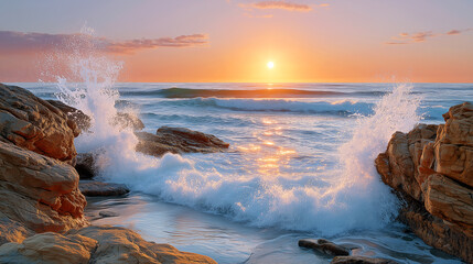 Vibrant sunset over ocean waves crashing against rocky shore, creating a serene coastal scene with warm colors and dynamic water movement, evoking tranquility and natural beauty
