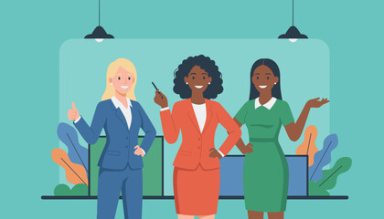 Diverse team of confident businesswomen showing success and collaboration in a professional office environment