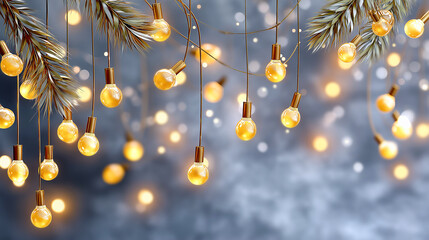 Festive holiday lights hanging from pine branches, creating a warm and inviting atmosphere with a blurred background of soft bokeh effects and shimmering lights for seasonal celebrations