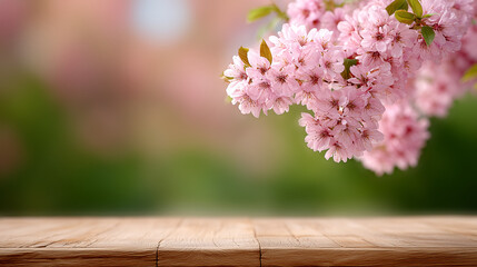 Delicate pink cherry blossoms gracefully draping over a rustic wooden table, creating a serene atmosphere with a soft blurred background of greenery and pastel colors