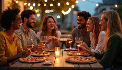 Group of young diverse friends eating pizza and drinking wine on outdoor cafe terrace at night. People laugh share food and talk during meal in casual gathering. Warm ambiance lit by string lights.