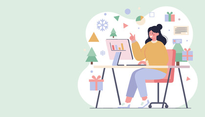 Smiling woman working on holiday business data Festive seasonal remote work illustration