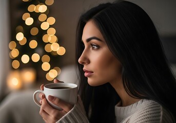 Woman holding a warm drink with bokeh christmas lights in the background