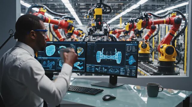 A man focused on computer monitors in a modern office setting, representing technological innovation or global business, showcasing dedication to work or fast paced digital age.