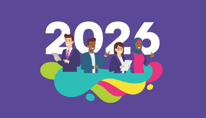 Diverse business team welcoming 2026 Future success growth and teamwork illustration