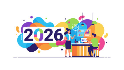 2026 business planning strategy and data analysis illustration with professional team