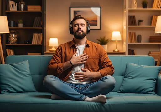Man meditating on couch wearing headphones - Powered by Adobe