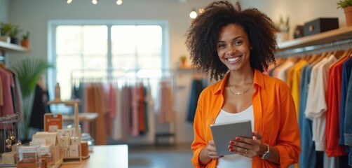 Smiling woman owner holds tablet in boutique store. She manages inventory and online orders. Colorful clothes hang on racks behind her. She wears an orange shirt.