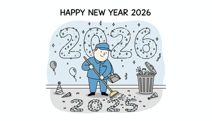 Janitor sweeping away 2025 party mess welcoming the clean start of Happy New Year 2026