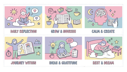 Set of 6 cute illustrations showing a personal journaling routine for mental health reflection and growth