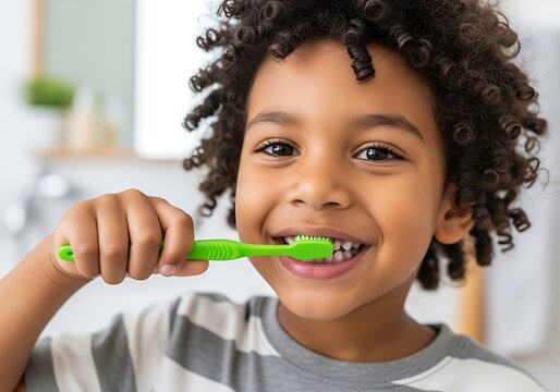 Happy young boy brushing his teeth with a green toothbrush - Powered by Adobe