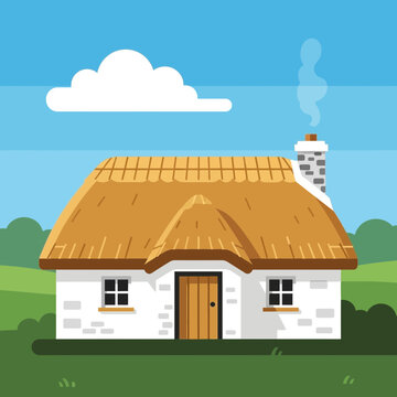 Charming thatched cottage illustration with simple design and vibrant colors