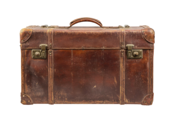 Old, worn leather suitcase with brass hardware, aged finish