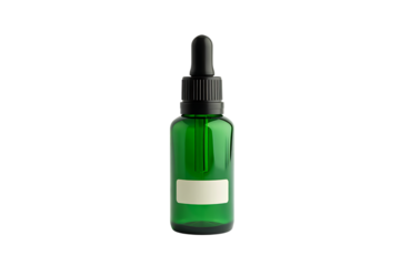 Green glass dropper bottle with blank label isolated on transparent background
