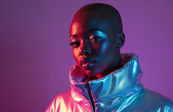 Young black woman poses in studio with short hair. Wears shiny, metallic futuristic jacket with high collar. Bold vibrant makeup accents face. Neon lights illuminate skin, clothing in vivid red, - Powered by Adobe