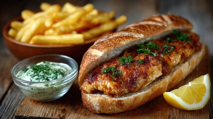 Delicious Fish Sandwich with French Fries and Herb Sauce on Rustic Table