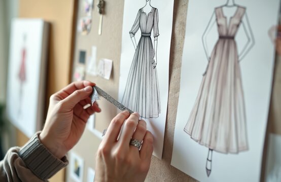 Hands of fashion designer work on dress sketches, pinning fabric samples on mood board. Woman artist creates clothing patterns and designs in studio. Stylist plans new collection, drafts garments.