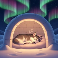 Husky Dream - A Cozy Nap Under the Northern Lights.
