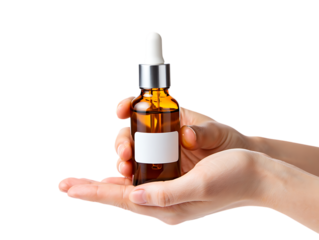 Hands holding amber glass dropper bottle isolated on transparent background