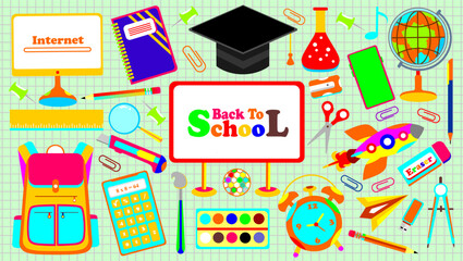 School themed set elements. School stationery stickers. Set of education icons. Collection of education school icons. Back to school clipart. Student supplies colorful icons set for banner.