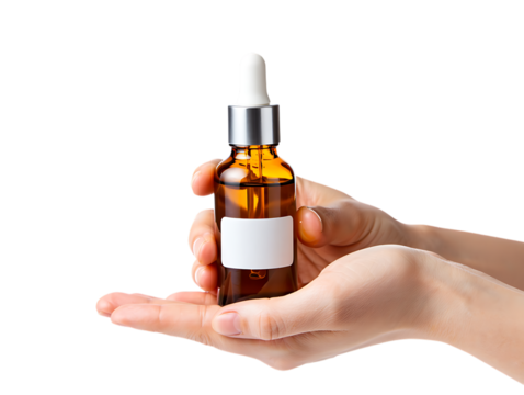 Hands holding amber glass dropper bottle isolated on transparent background