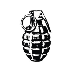 Black and white vintage retro style illustration of a classic hand grenade, vector grunge texture