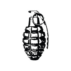 Black and white vintage retro style illustration of a classic hand grenade, vector grunge texture