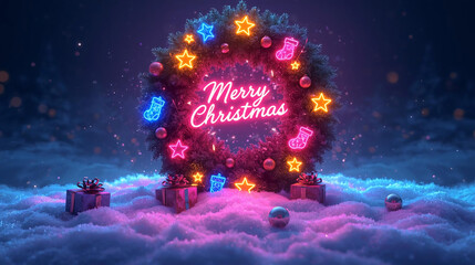 glowing Christmas wreath adorned with neon lights, set above a sparkling snow-covered ground with gifts