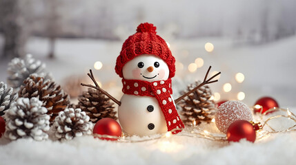 A cute snowman figurine with a bright red knit hat and matching polka-dot scarf