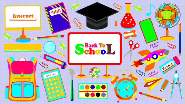 School themed set elements. School stationery stickers. Set of education icons. Collection of education school icons. Back to school clipart. Student supplies colorful icons set for banner.