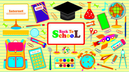 School themed set elements. School stationery stickers. Set of education icons. Collection of education school icons. Back to school clipart. Student supplies colorful icons set for banner.